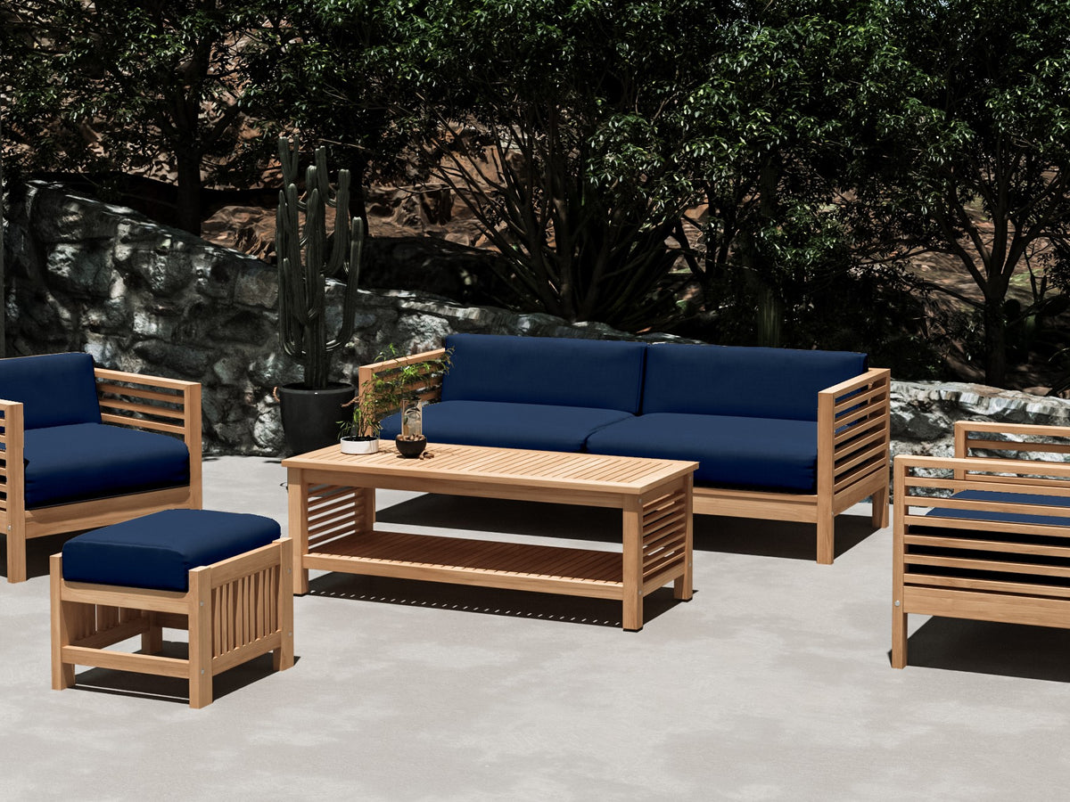 Sylvie 3-Person Teak Outdoor Sofa with Sunbrella Navy Cushions