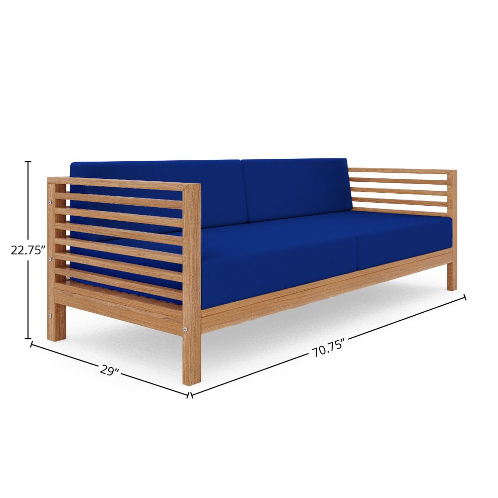 Sylvie 3-Person Teak Outdoor Sofa with Sunbrella True Blue Cushions