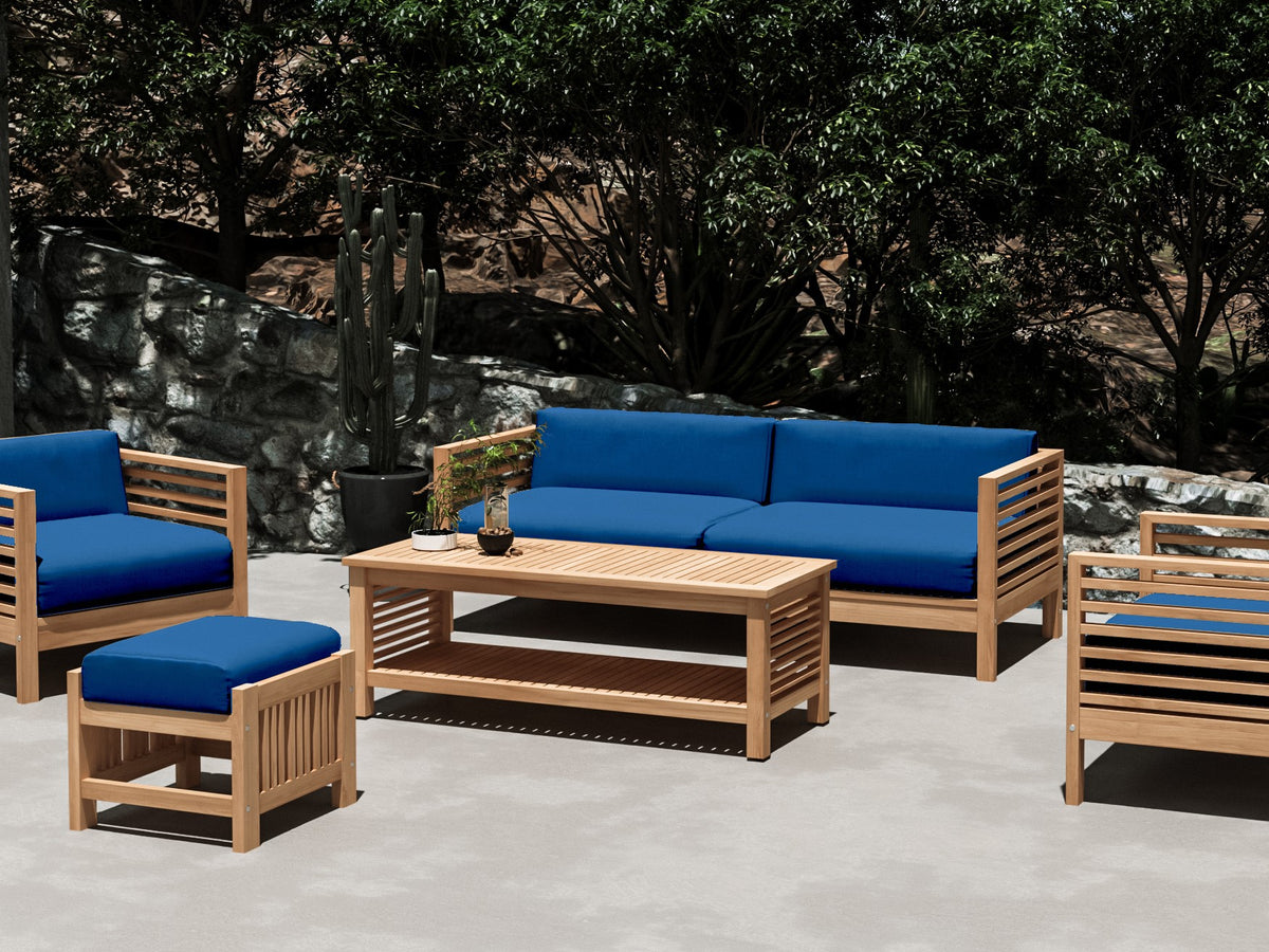 Sylvie 3-Person Teak Outdoor Sofa with Sunbrella True Blue Cushions