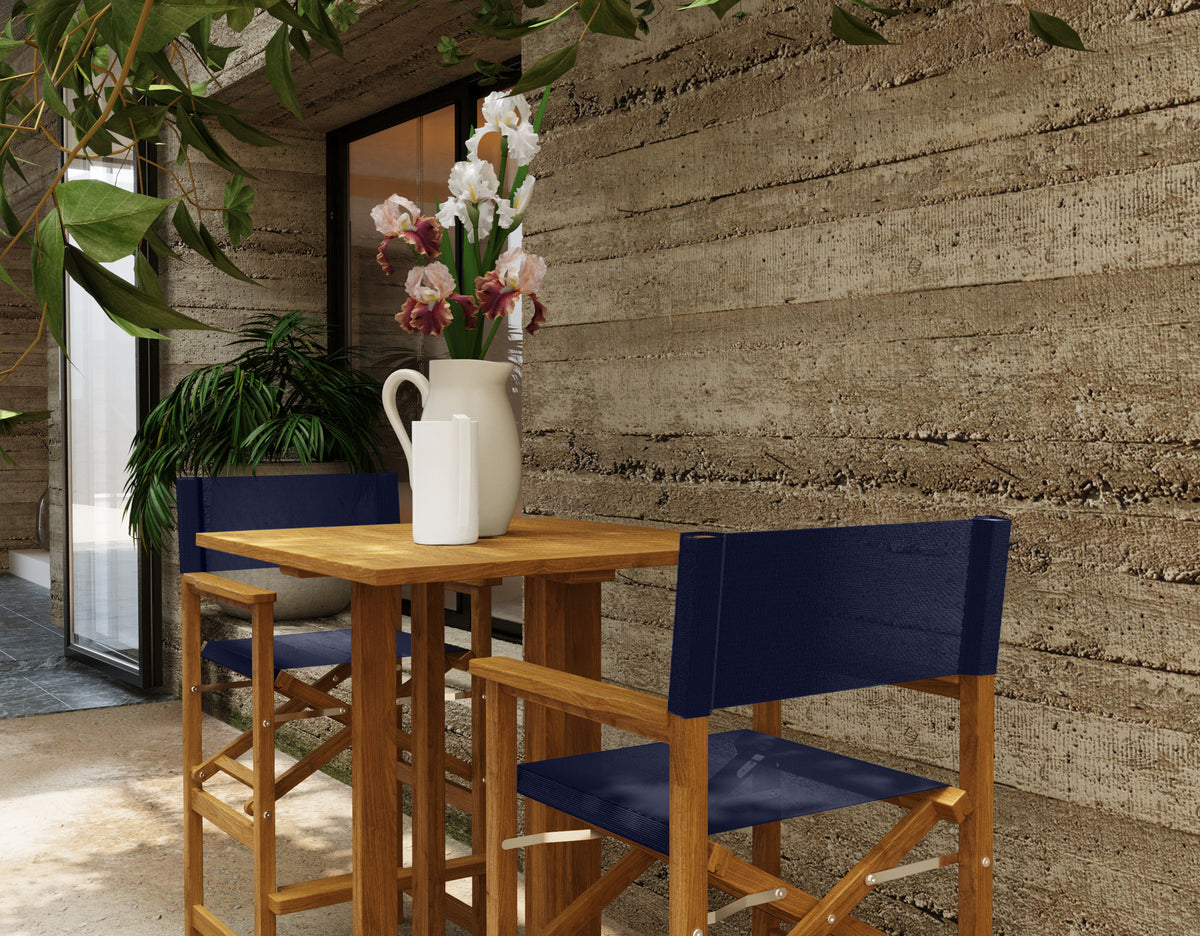 Directeur 3-Piece Square Teak Outdoor Bar Height Dining Set in Blue with Folding Armchairs