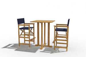 Directeur 3-Piece Square Teak Outdoor Bar Height Dining Set in Blue with Folding Armchairs