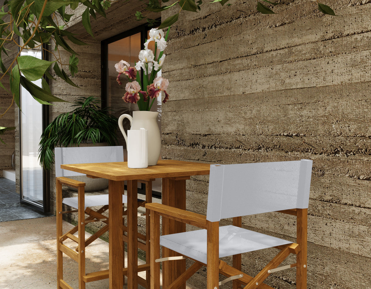 Directeur 3-Piece Square Teak Outdoor Bar Height Dining Set in White with Folding Armchairs