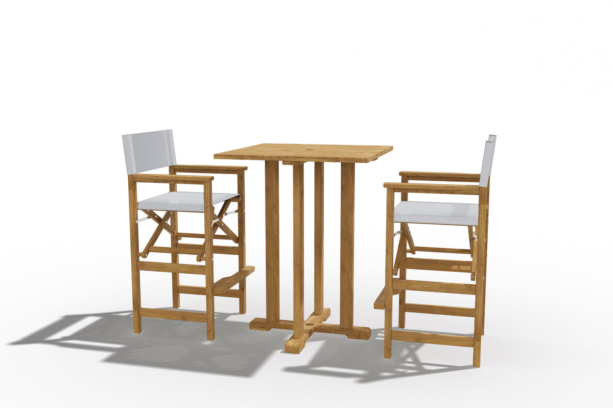 Directeur 3-Piece Square Teak Outdoor Bar Height Dining Set in White with Folding Armchairs