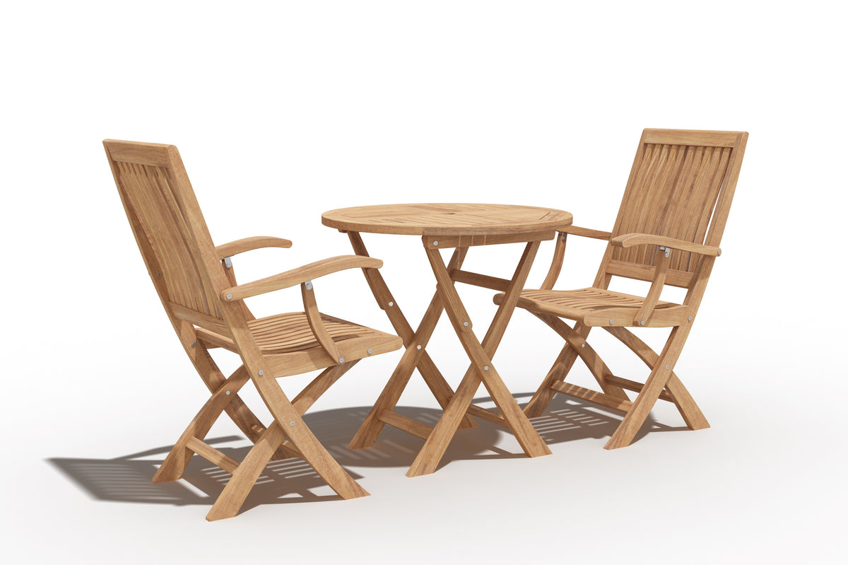 Florence 3-Piece Round Teak Outdoor Bistro Set with Folding Table and Folding Armchairs