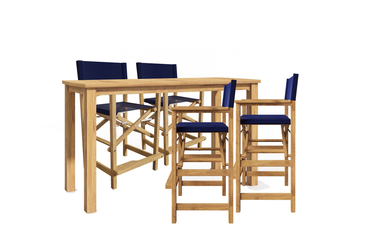 Directeur 5-Piece Rectangular Teak Outdoor Counter Height Dining Set in Blue with Folding Armchairs