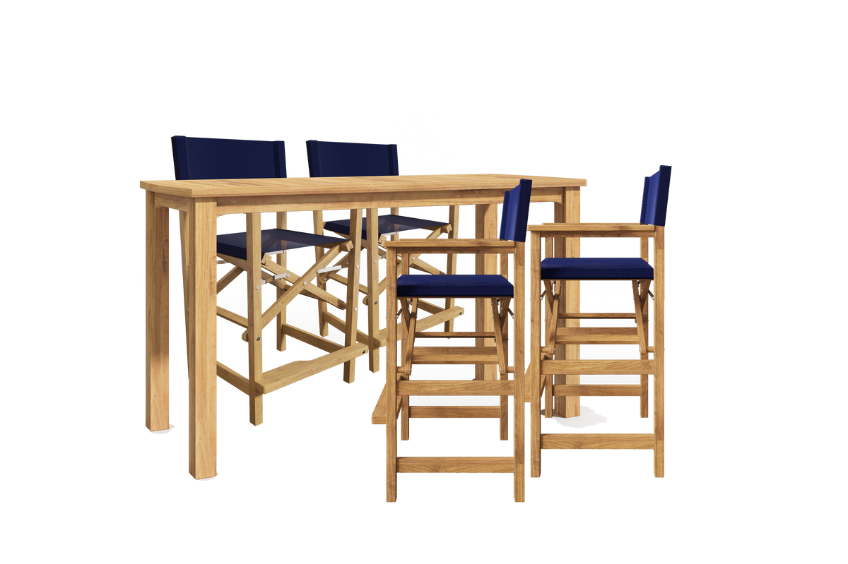 Directeur 5-Piece Rectangular Teak Outdoor Counter Height Dining Set in Blue with Folding Armchairs