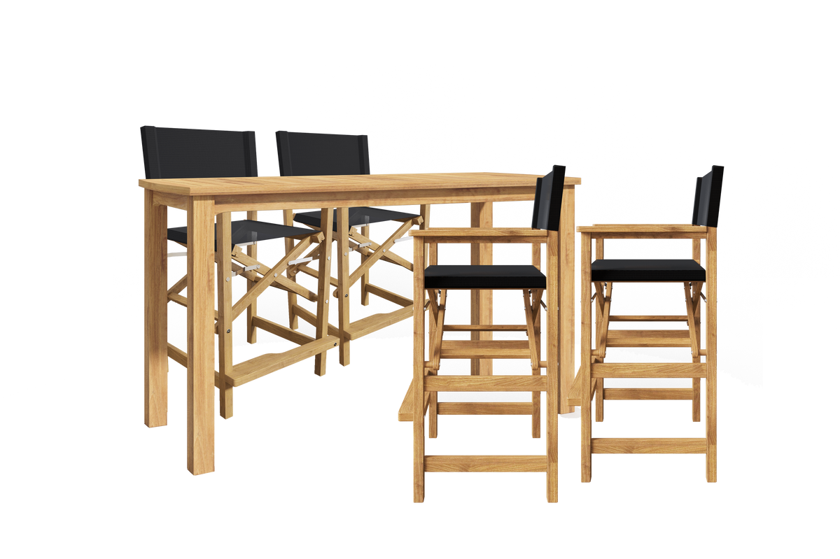 Directeur 5-Piece Rectangular Teak Outdoor Counter Height Dining Set in Black with Folding Armchairs