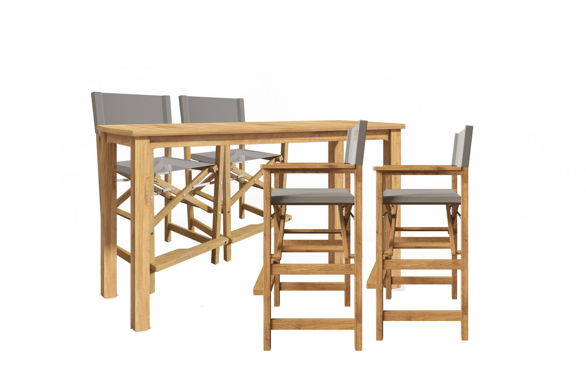 Directeur 5-Piece Rectangular Teak Outdoor Counter Height Dining Set in Taupe with Folding Armchairs