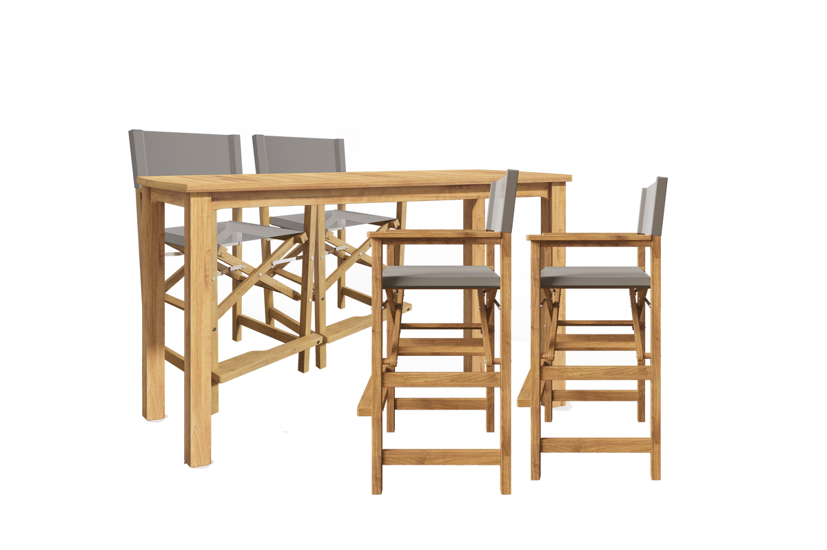 Directeur 5-Piece Rectangular Teak Outdoor Counter Height Dining Set in Taupe with Folding Armchairs