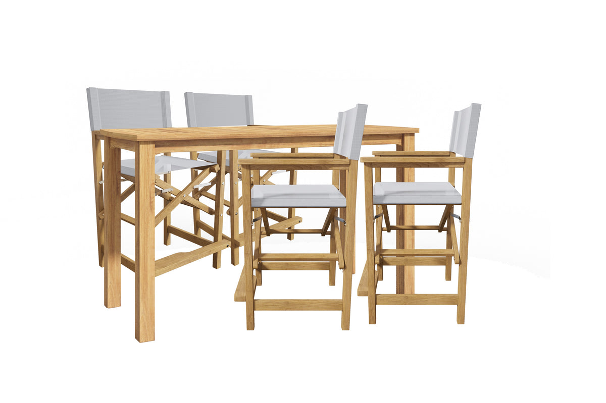 Directeur 5-Piece Rectangular Teak Outdoor Counter Height Dining Set in White with Folding Armchairs