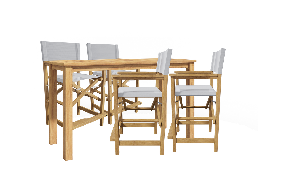 Directeur 5-Piece Rectangular Teak Outdoor Counter Height Dining Set in White with Folding Armchairs