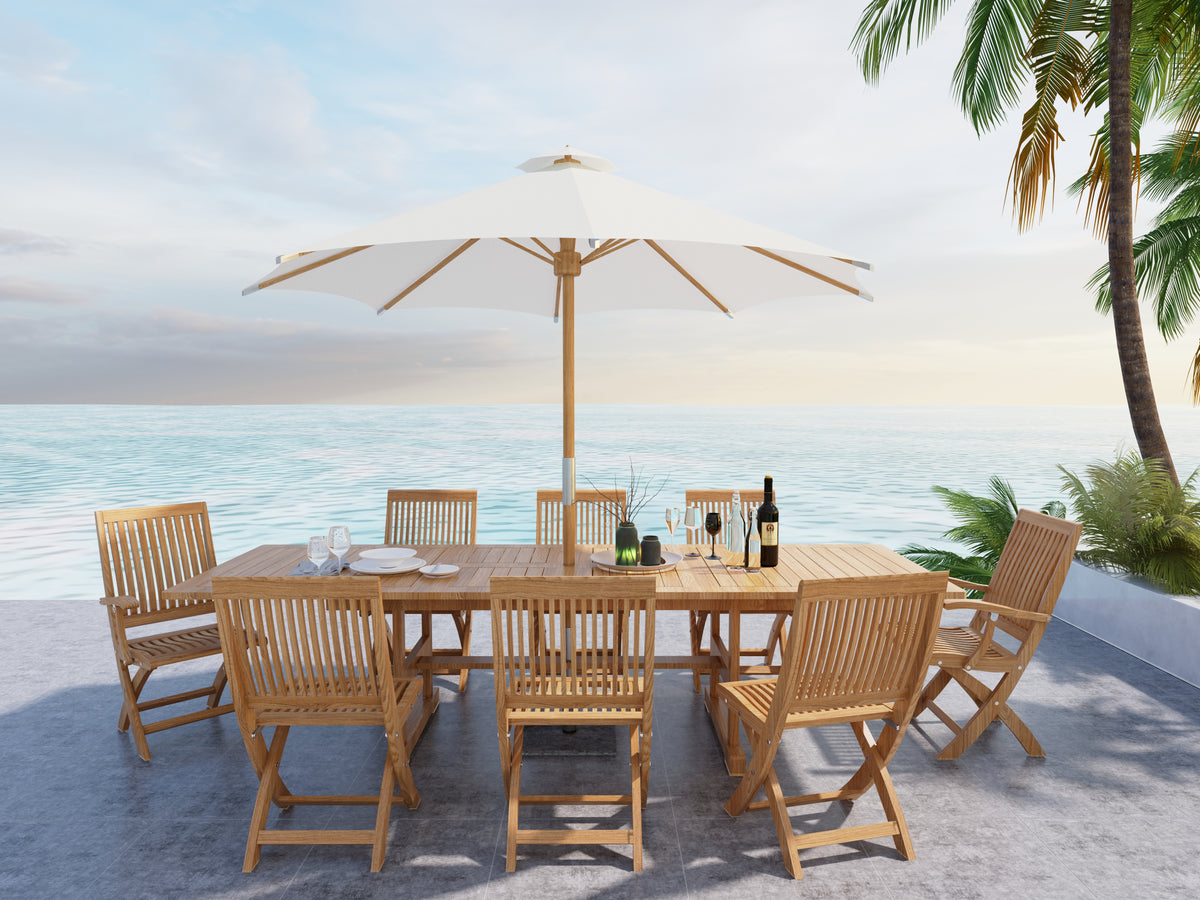 Florence 9-Piece Rectangular Teak Outdoor Dining Set with Extendable Table and Folding Chairs