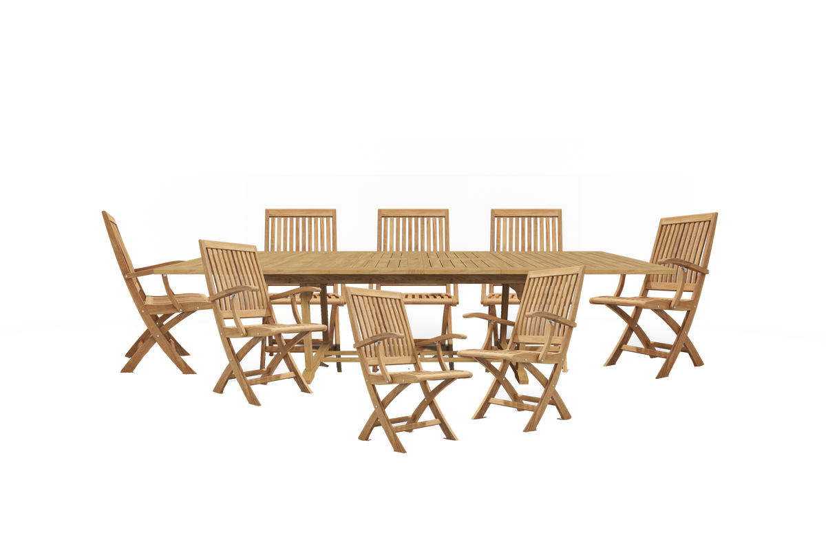 Florence 9-Piece Rectangular Teak Outdoor Dining Set with Extendable Table and Folding Chairs