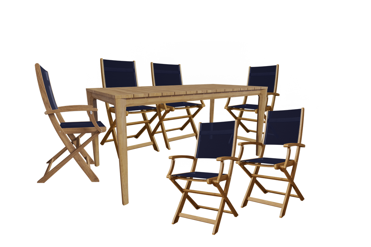 Cateline 7-Piece Rectangular Teak Outdoor Dining Set in Blue with Folding Armchairs