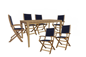 Cateline 7-Piece Rectangular Teak Outdoor Dining Set in Blue with Folding Armchairs