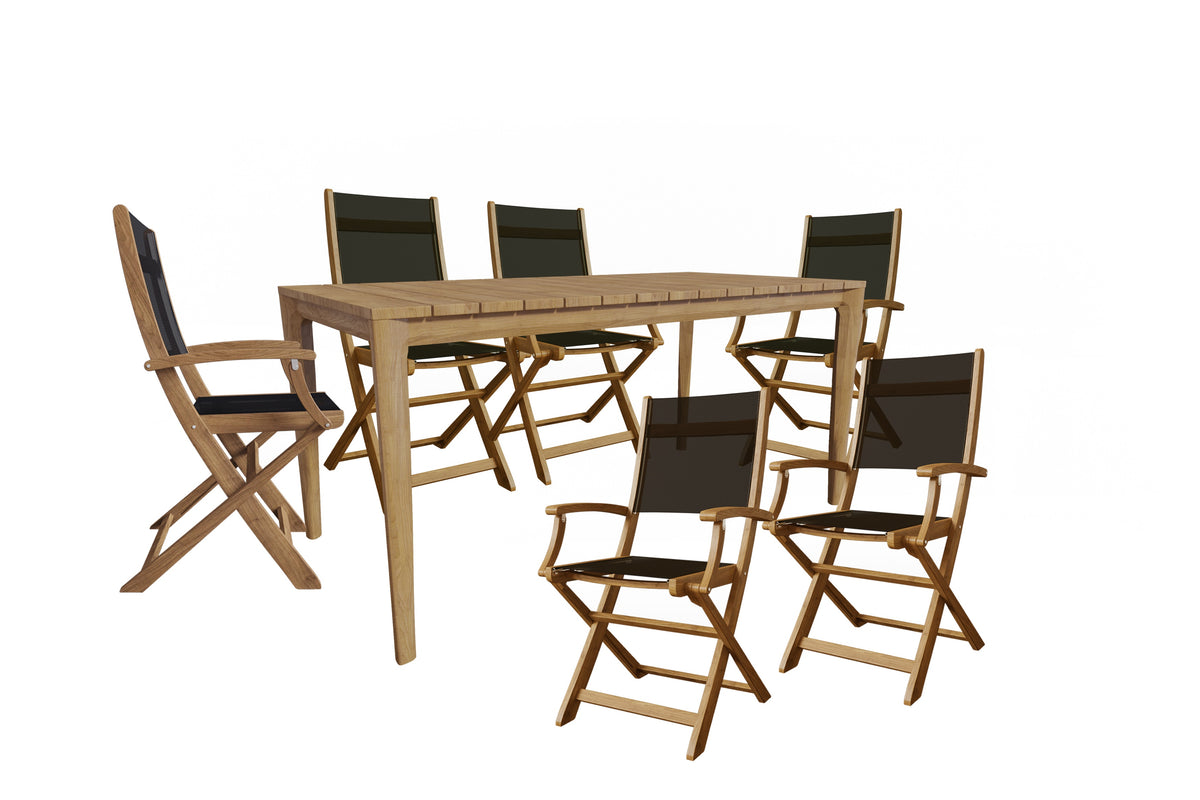 Cateline 7-Piece Rectangular Teak Outdoor Dining Set in Black with Folding Armchairs