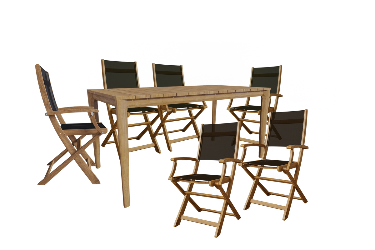 Cateline 7-Piece Rectangular Teak Outdoor Dining Set in Black with Folding Armchairs