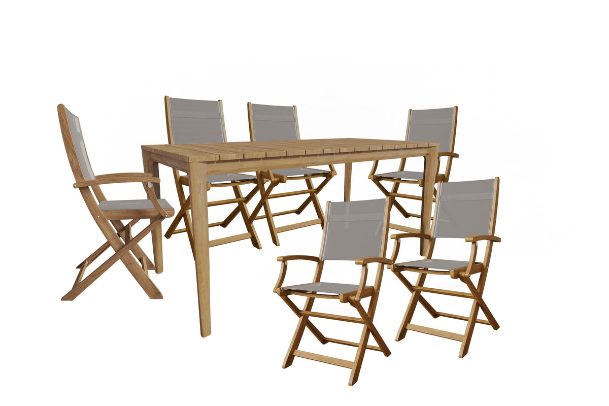 Cateline 7-Piece Rectangular Teak Outdoor Dining Set in Taupe with Folding Armchairs