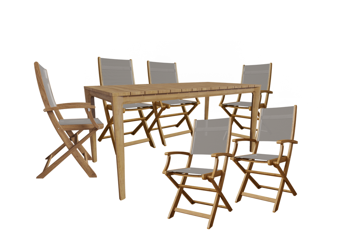 Cateline 7-Piece Rectangular Teak Outdoor Dining Set in Taupe with Folding Armchairs