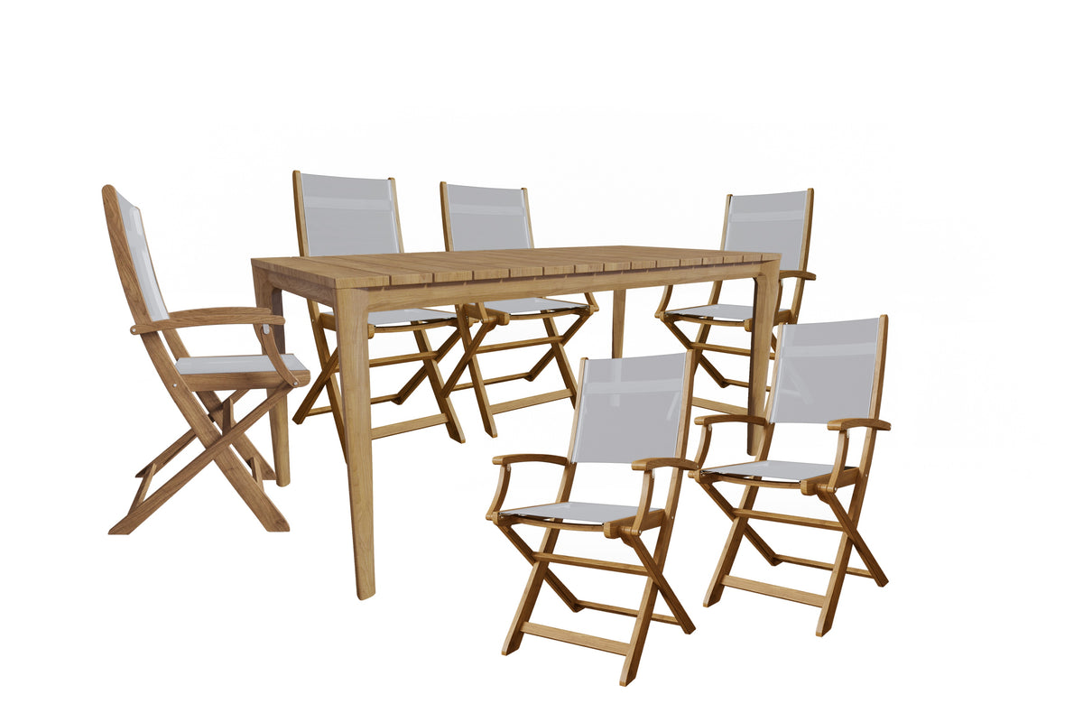 Cateline 7-Piece Rectangular Teak Outdoor Dining Set in White with Folding Armchairs