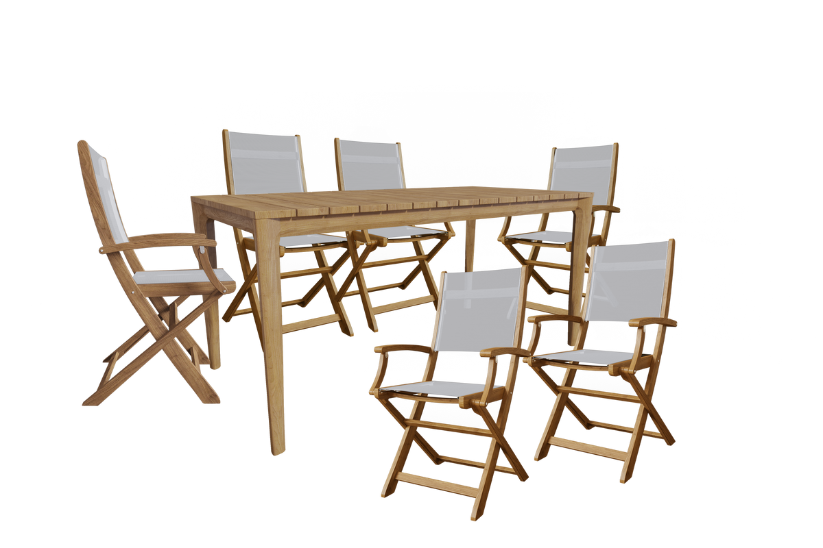 Cateline 7-Piece Rectangular Teak Outdoor Dining Set in White with Folding Armchairs