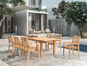 Clarisse 7-Piece Rectangular Teak Outdoor Dining Set with Extendable Table and Stacking Armchairs