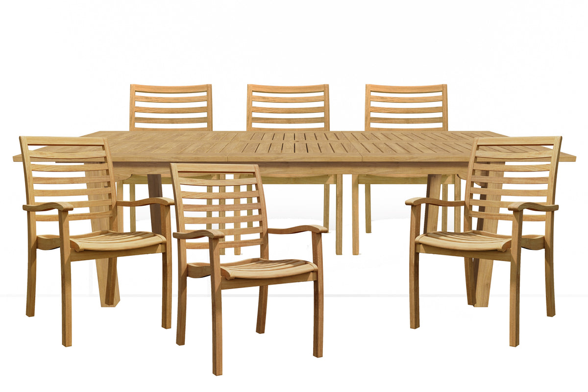 Clarisse 7-Piece Rectangular Teak Outdoor Dining Set with Extendable Table and Stacking Armchairs