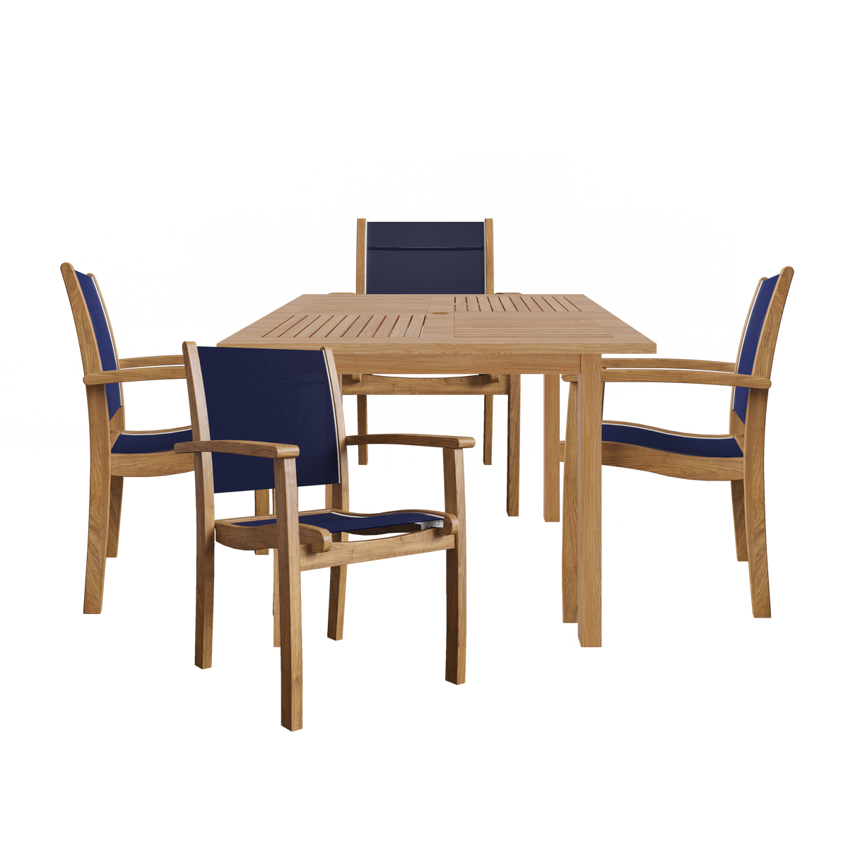 Perrin 5-Piece Square Teak Outdoor Dining Set in Blue with Stacking Armchairs