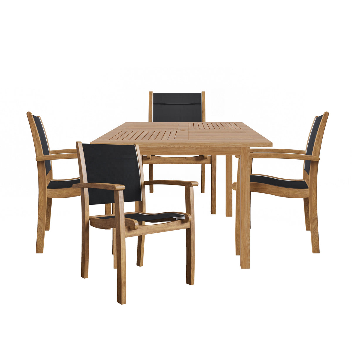 Perrin 5-Piece Square Teak Outdoor Dining Set in Black with Stacking Armchairs