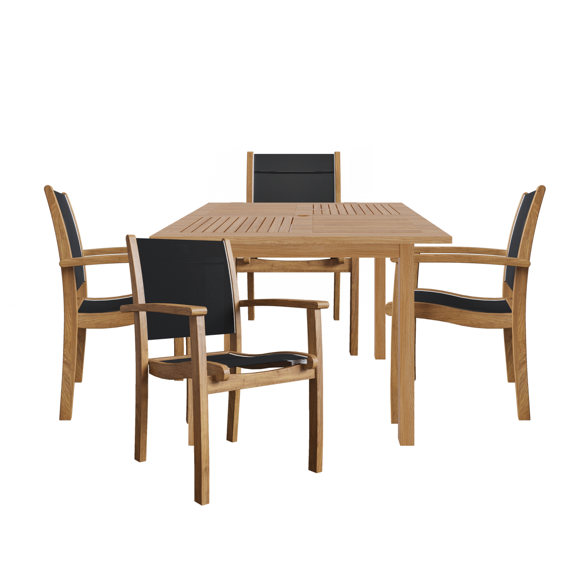 Perrin 5-Piece Square Teak Outdoor Dining Set in Black with Stacking Armchairs