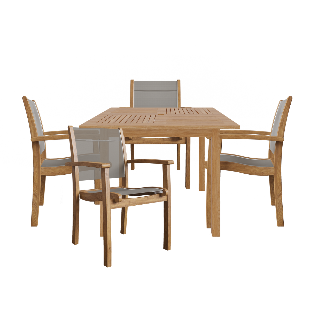 Perrin 5-Piece Square Teak Outdoor Dining Set in Taupe with Stacking Armchairs