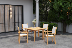 Perrin 5-Piece Square Teak Outdoor Dining Set in White with Stacking Armchairs