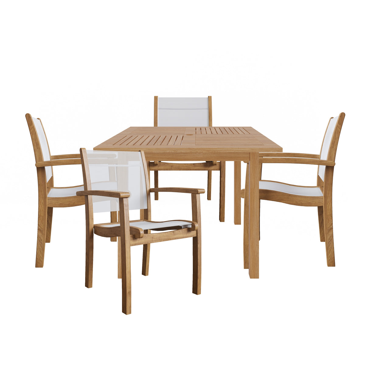 Perrin 5-Piece Square Teak Outdoor Dining Set in White with Stacking Armchairs