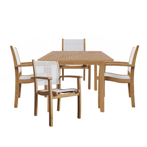 Perrin 5-Piece Square Teak Outdoor Dining Set in White with Stacking Armchairs