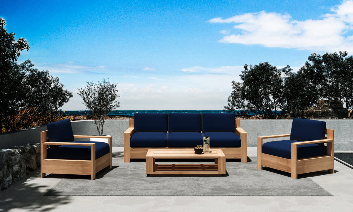 Lothair 4-Piece Teak Outdoor Patio Deep Seating Set with Sunbrella Navy Cushions