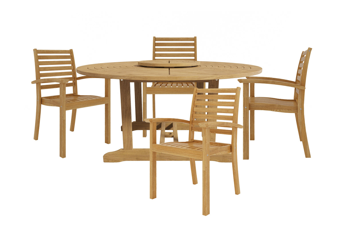 Ambre 5-Piece Round Teak Outdoor Dining Set with Lazy Susan and Stacking Armchairs