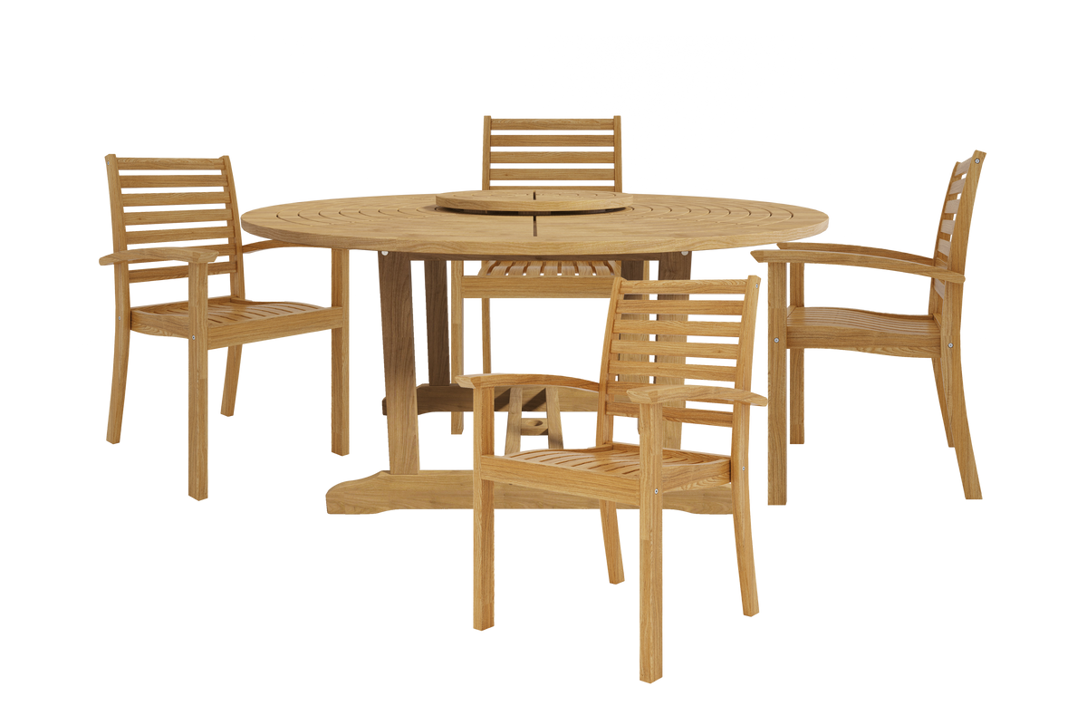 Ambre 5-Piece Round Teak Outdoor Dining Set with Lazy Susan and Stacking Armchairs