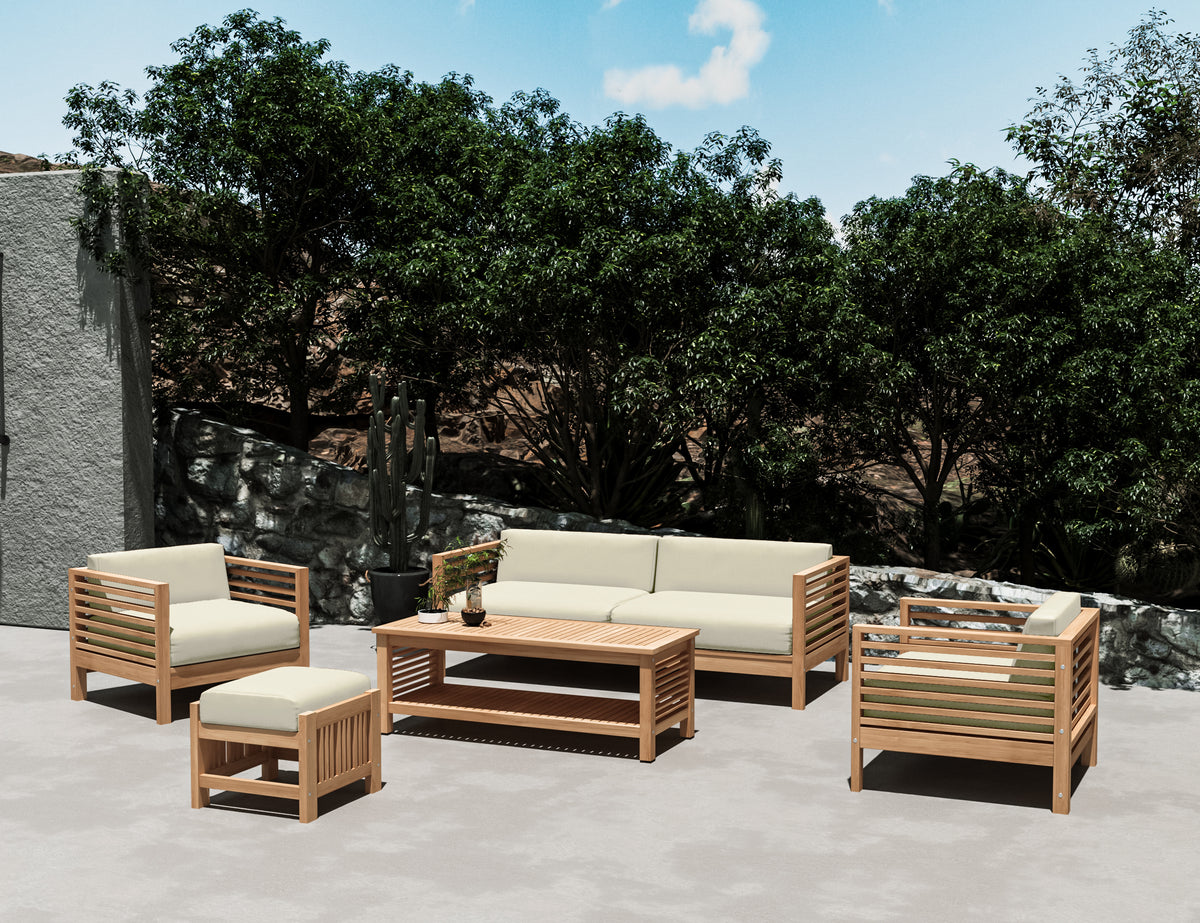 Sylvie 5-Piece Teak Outdoor Patio Deep Seating Set with Subrella Canvas Cushions