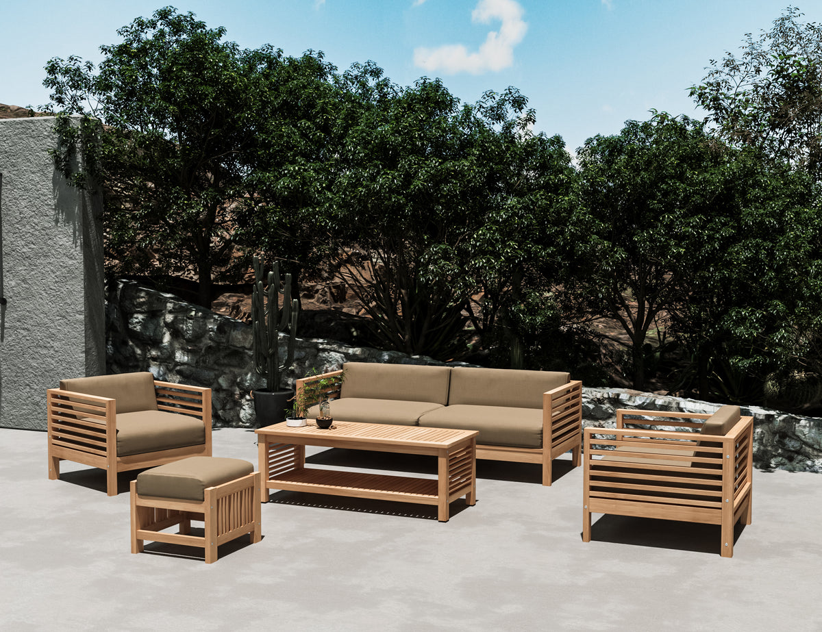 Sylvie 5-Piece Teak Outdoor Patio Deep Seating Set with Sunbrella Fawn Cushions