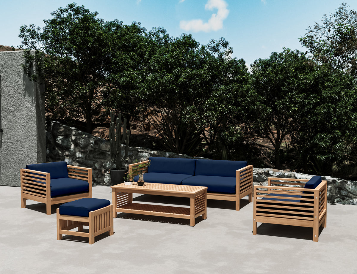 Sylvie 5-Piece Teak Outdoor Patio Deep Seating Set with Subrella Navy Cushions