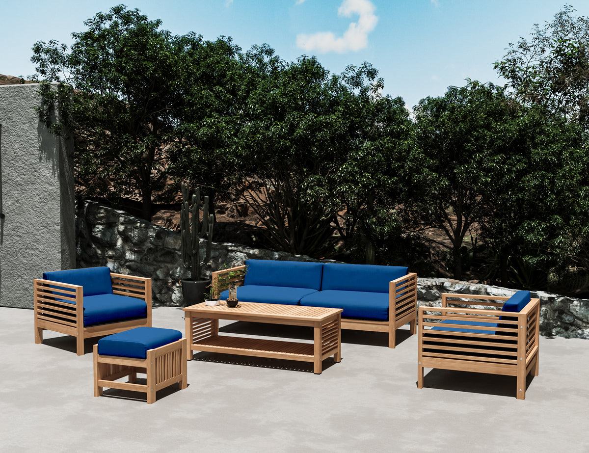 Sylvie 5-Piece Teak Outdoor Patio Deep Seating Set with Subrella True Blue Cushions