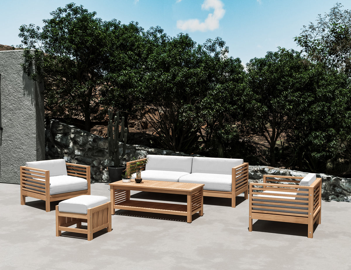 Sylvie 5-Piece Teak Outdoor Patio Deep Seating Set with Subrella White Cushions