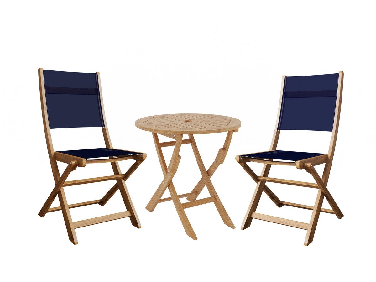 Lucas 3-Piece Round Teak Outdoor Bistro Set in Blue with Folding Table and Chairs