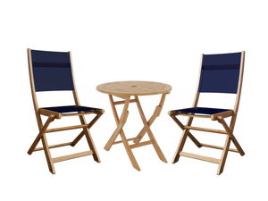 Lucas 3-Piece Round Teak Outdoor Bistro Set in Blue with Folding Table and Chairs