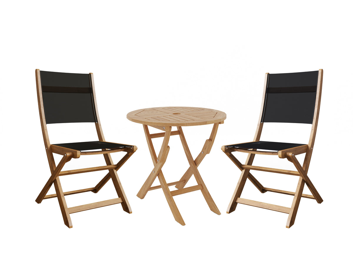 Lucas 3-Piece Round Teak Outdoor Bistro Set in Black with Folding Table and Chairs