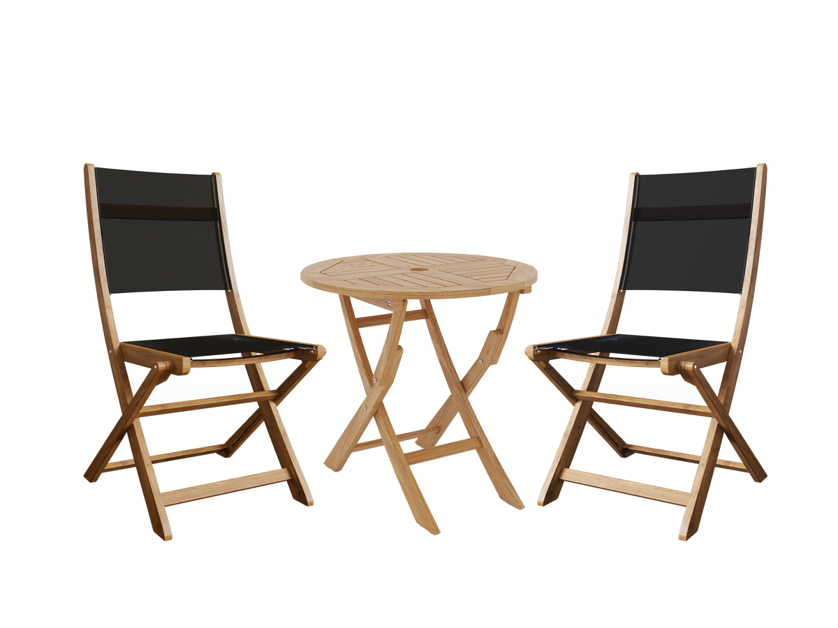 Lucas 3-Piece Round Teak Outdoor Bistro Set in Black with Folding Table and Chairs