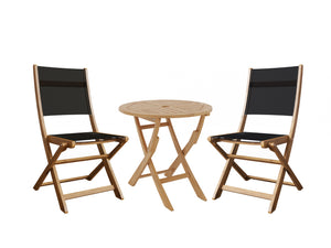 Lucas 3-Piece Round Teak Outdoor Bistro Set in Black with Folding Table and Chairs