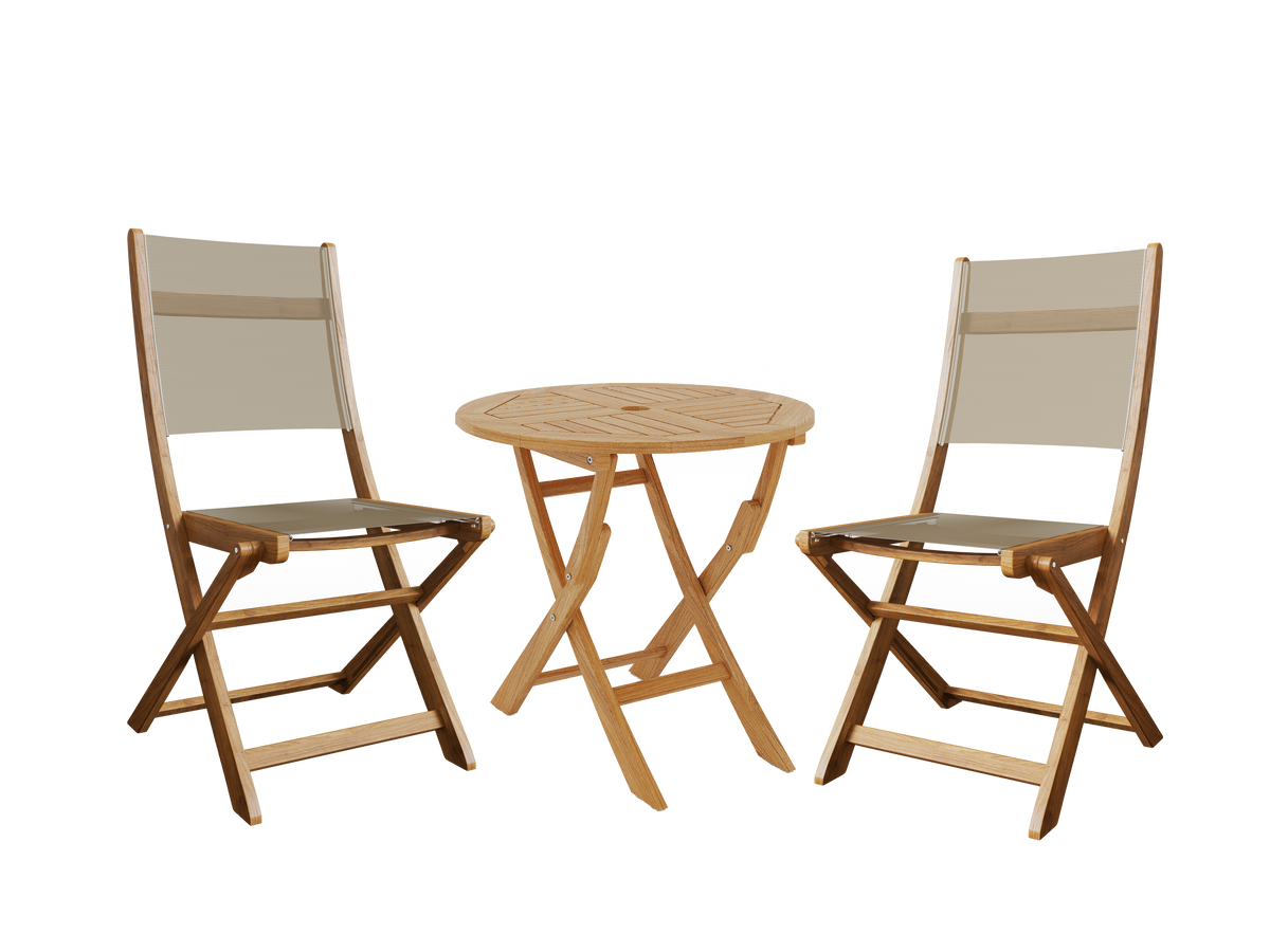 Lucas 3-Piece Round Teak Outdoor Bistro Set in Taupe with Folding Table and Chairs