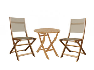 Lucas 3-Piece Round Teak Outdoor Bistro Set in Taupe with Folding Table and Chairs