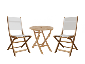 Lucas 3-Piece Round Teak Outdoor Bistro Set in White with Folding Table and Chairs